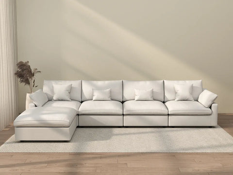 Sofá modular modular Deluxe Cloud de 4 plazas, blanco, lavable, en forma de L | 5 piezas (incluye 1 otomana), tela de chenilla y lino, diseño modular