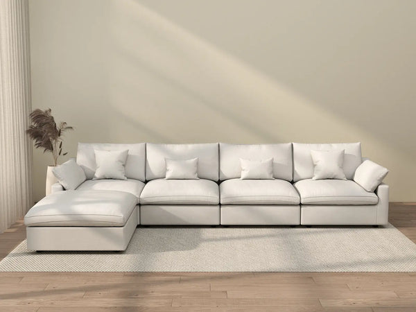 Sofá modular modular Deluxe Cloud de 4 plazas, blanco, lavable, en forma de L | 5 piezas (incluye 1 otomana), tela de chenilla y lino, diseño modular