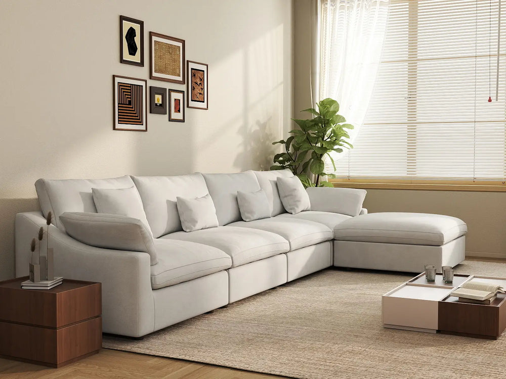 WJS Home 5 Piece Linen White L Shaped Sectionals 160 Adjustable Backrest Pillows 4 Seater_6