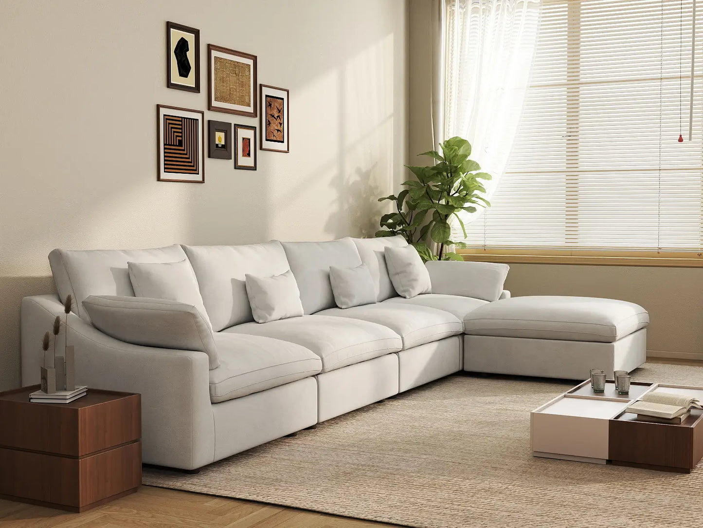 WJS Home 5 Piece Linen White L Shaped Sectionals 160 Adjustable Backrest Pillows 4 Seater_6