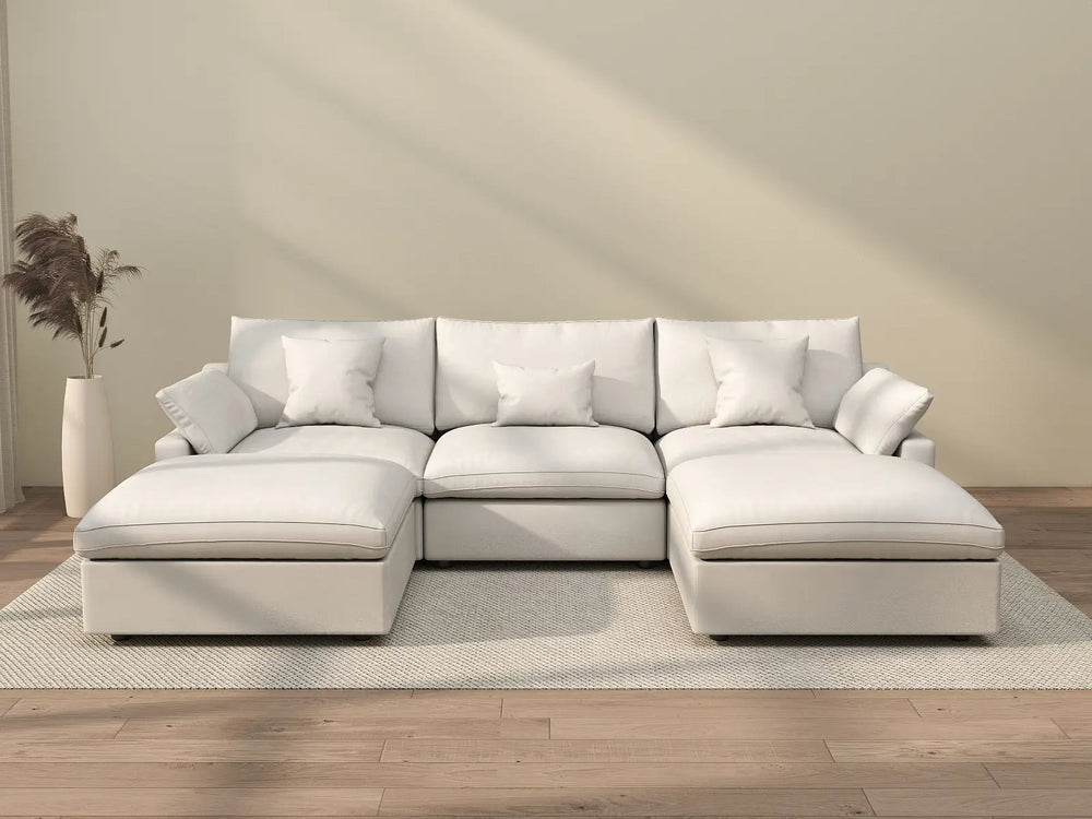 WJS Home 5 Piece Linen White U shaped Sectionals 120 Adjustable Backrest Pillows 3 Seater_2