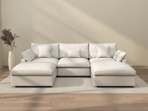 Sofá modular modular Deluxe Cloud de 3 plazas, blanco, lavable, en forma de U | Juego de 5 piezas (incluye 2 otomanas), tejido de chenilla y lino, diseño modular