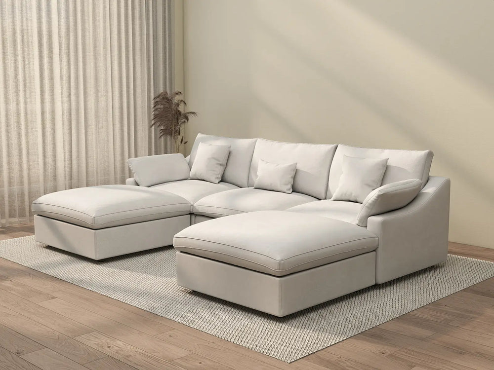 WJS Home 5 Piece Linen White U shaped Sectionals 120 Adjustable Backrest Pillows 3 Seater_3