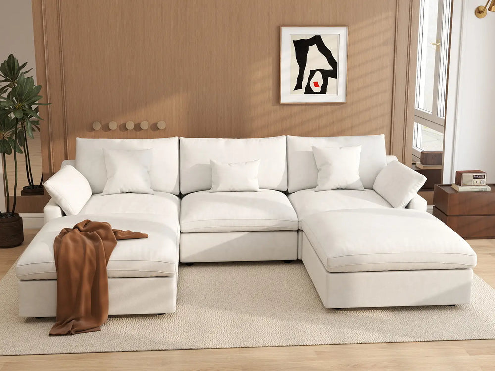 WJS Home 5 Piece Linen White U shaped Sectionals 120 Adjustable Backrest Pillows 3 Seater_6
