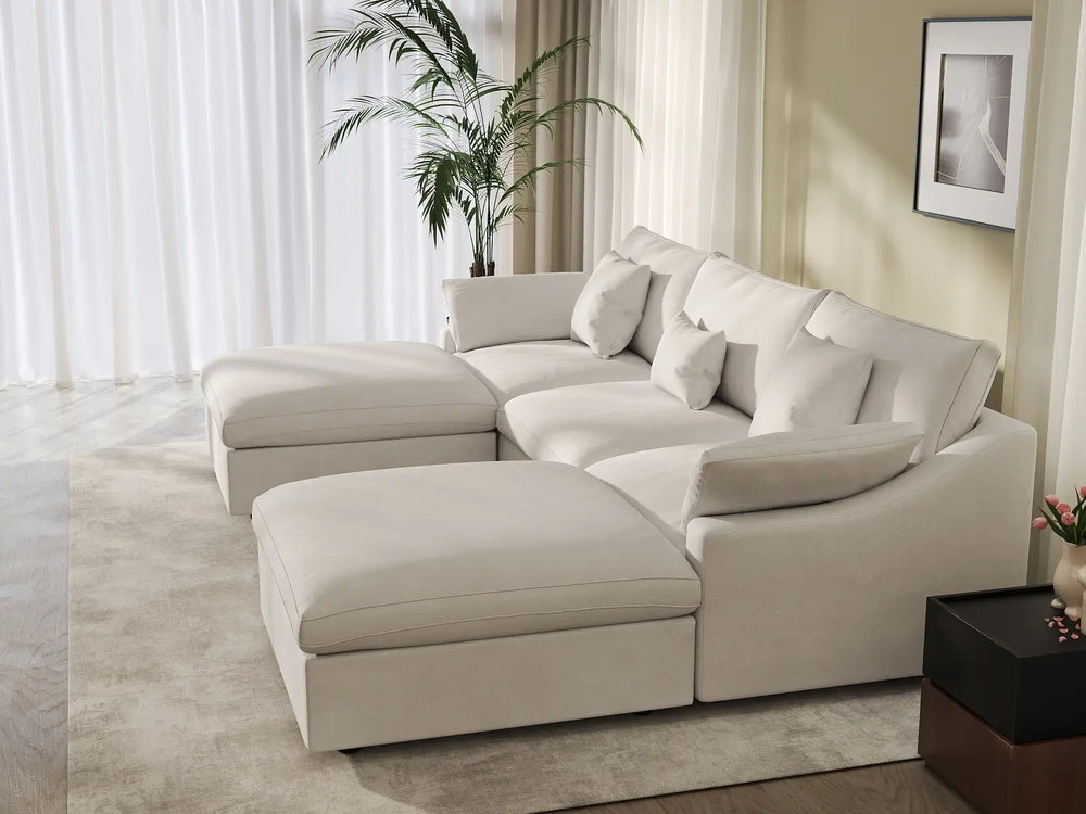 WJS Home 5 Piece Linen White U shaped Sectionals 120 Adjustable Backrest Pillows 3 Seater_7