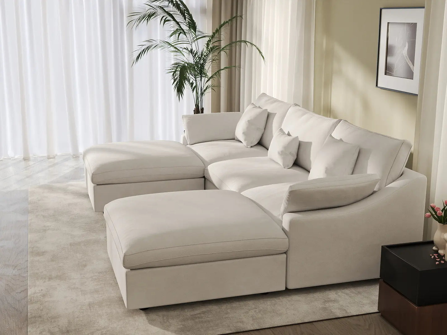 WJS Home 5 Piece Linen White U shaped Sectionals 120 Adjustable Backrest Pillows 3 Seater_7