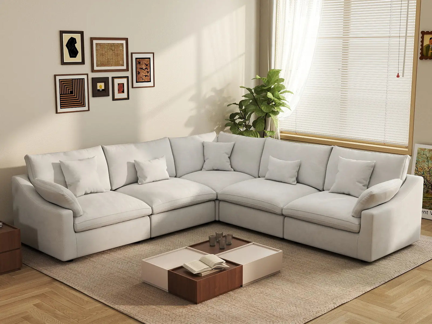 WJS Home 5 Piece Linen White V Shaped Sectionals 5 Seater_1