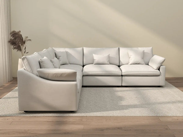 Sofás seccionales Deluxe Slope Cloud | Seccionales en forma de V de lino color caqui de 5 piezas, 5 plazas