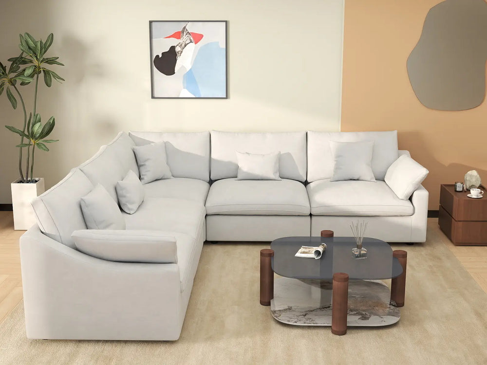 WJS Home 5 Piece Linen White V Shaped Sectionals 5 Seater_6