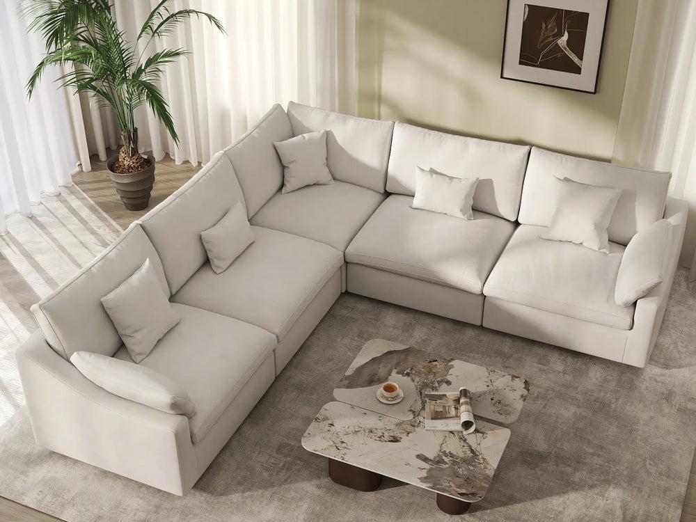 WJS Home 5 Piece Linen White V Shaped Sectionals 5 Seater_8