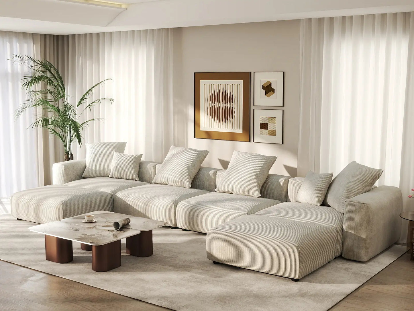 WJS Home 6 Piece Beige Corduroy U Shaped Sectionals 4 Seater_1
