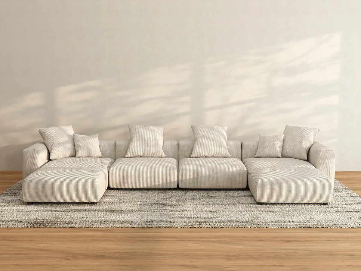 WJS Home 6 Piece Beige Corduroy U Shaped Sectionals 4 Seater_2