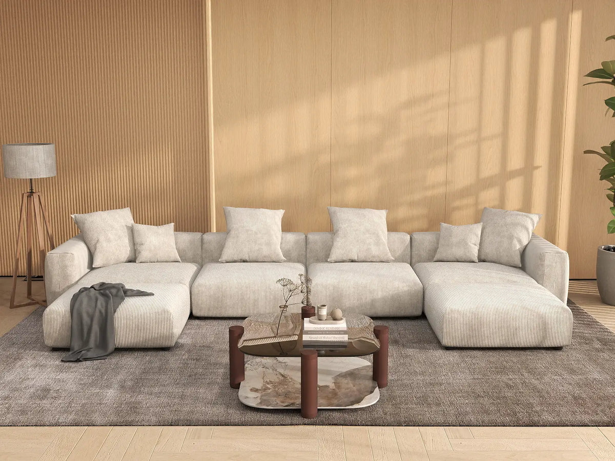 WJS Home 6 Piece Beige Corduroy U Shaped Sectionals 4 Seater_6