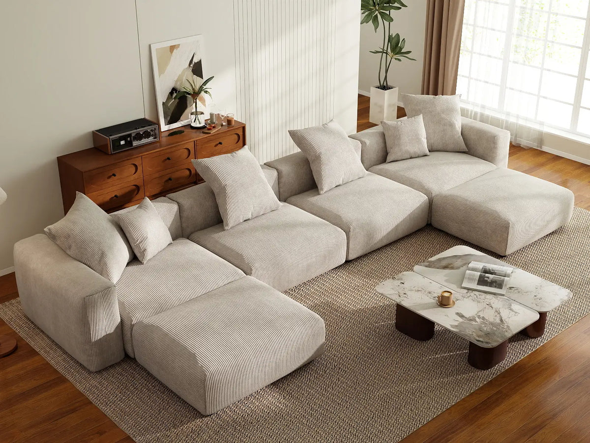 WJS Home 6 Piece Beige Corduroy U Shaped Sectionals 4 Seater_8