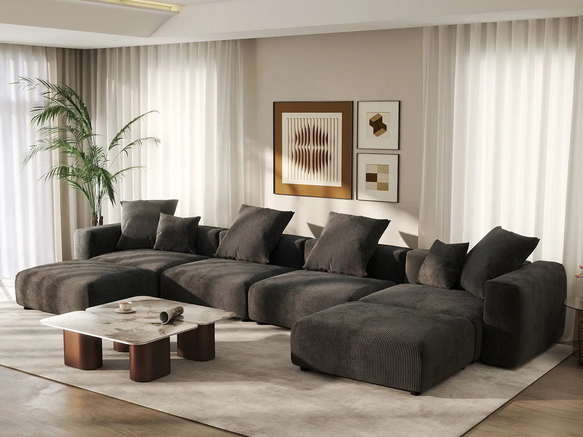 WJS Home 6 Piece Black Corduroy U Shaped Sectionals 4 Seater_1