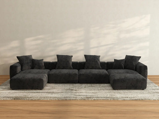 WJS Home 6 Piece Black Corduroy U Shaped Sectionals 4 Seater_3
