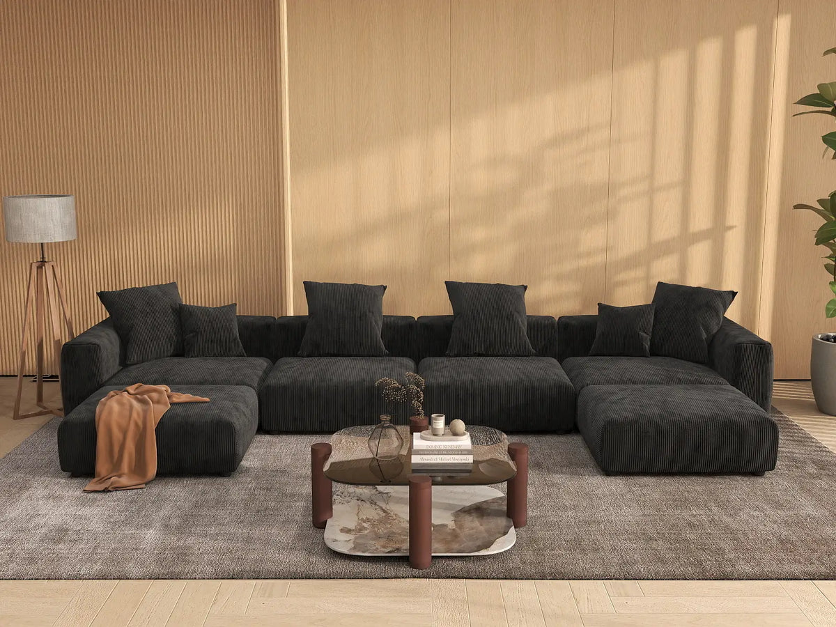 WJS Home 6 Piece Black Corduroy U Shaped Sectionals 4 Seater_6