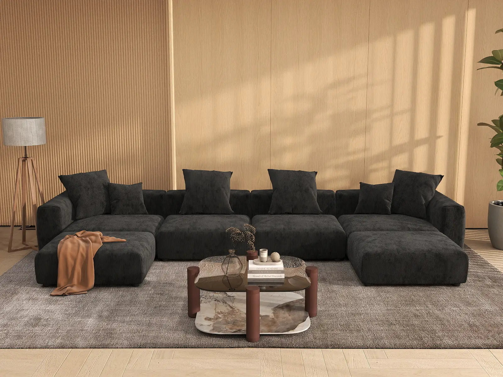 WJS Home 6 Piece Black Corduroy U Shaped Sectionals 4 Seater_6