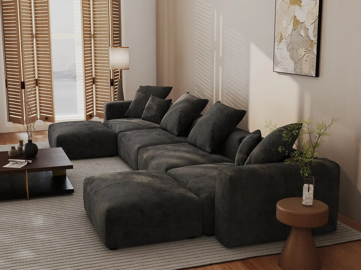 WJS Home 6 Piece Black Corduroy U Shaped Sectionals 4 Seater_7