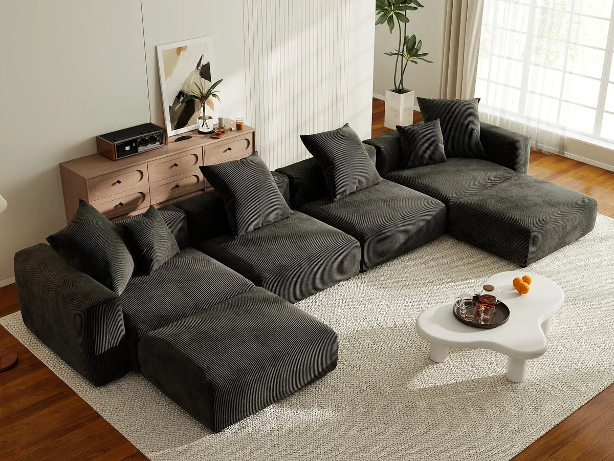 WJS Home 6 Piece Black Corduroy U Shaped Sectionals 4 Seater_8