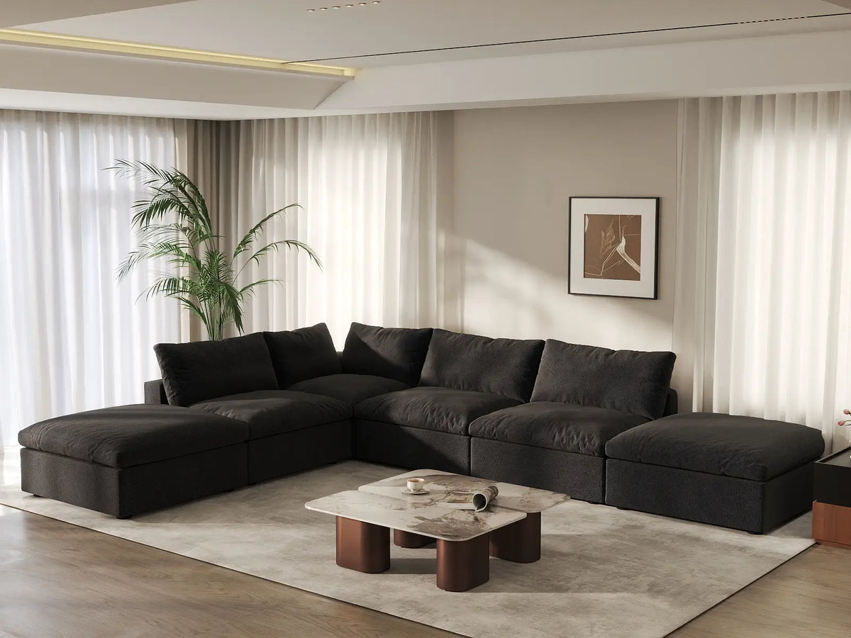 WJS Home 6 Piece Black Cotton and Linen L Shaped Sectionals 4 Seater_1