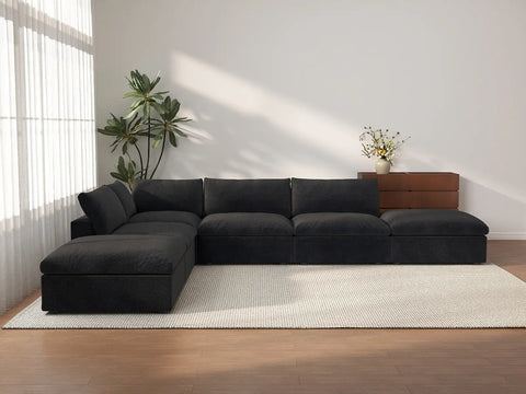 Sofá seccional en forma de L Deluxe Cloud de 4 plazas, color negro, con almacenamiento | Juego de 6 piezas (incluye 2 otomanas), tejido de algodón y lino, fundas lavables