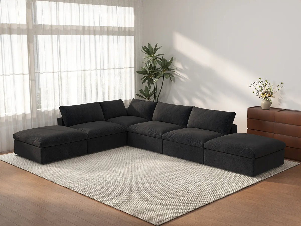 WJS Home 6 Piece Black Cotton and Linen L Shaped Sectionals 4 Seater_3