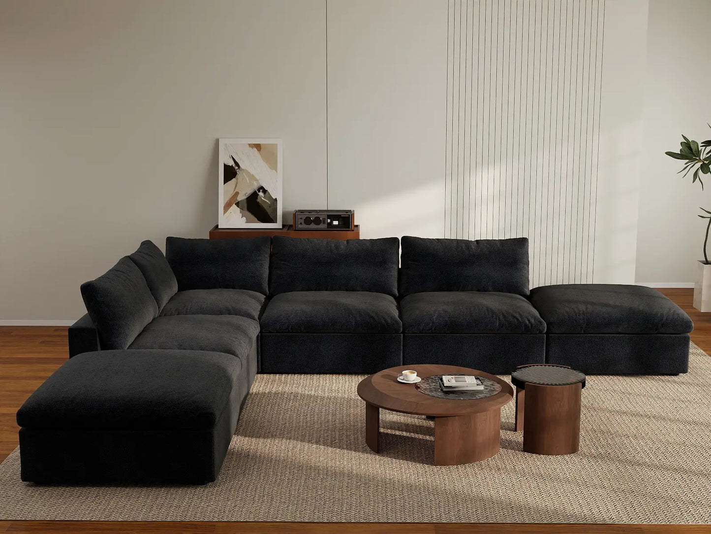 WJS Home 6 Piece Black Cotton and Linen L Shaped Sectionals 4 Seater_6