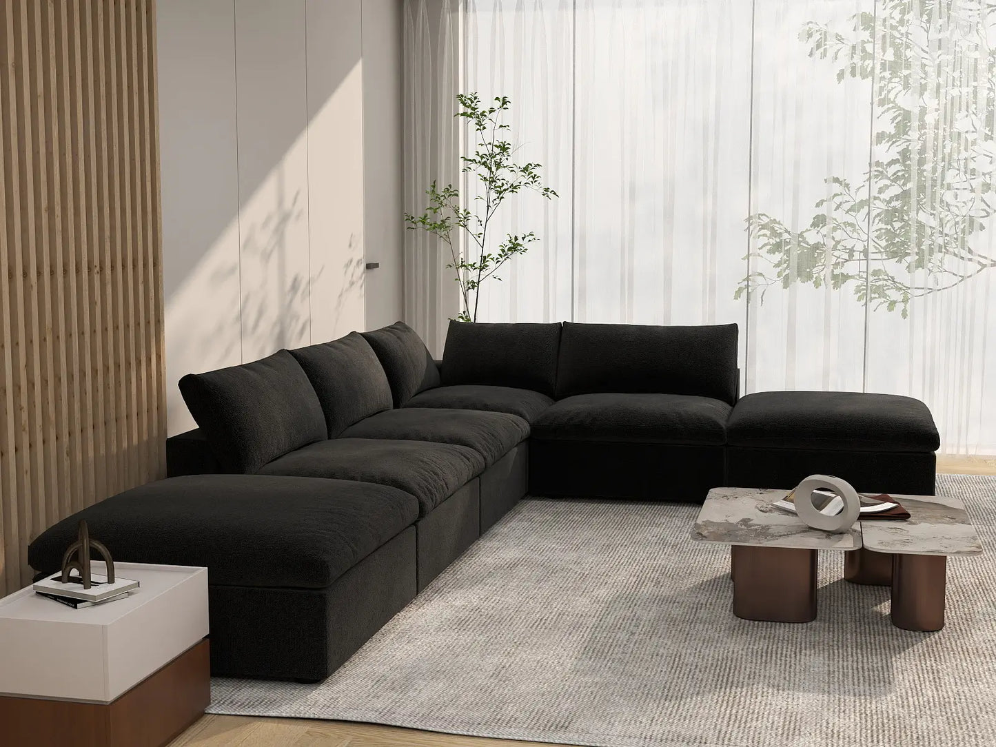 WJS Home 6 Piece Black Cotton and Linen L Shaped Sectionals 4 Seater_7