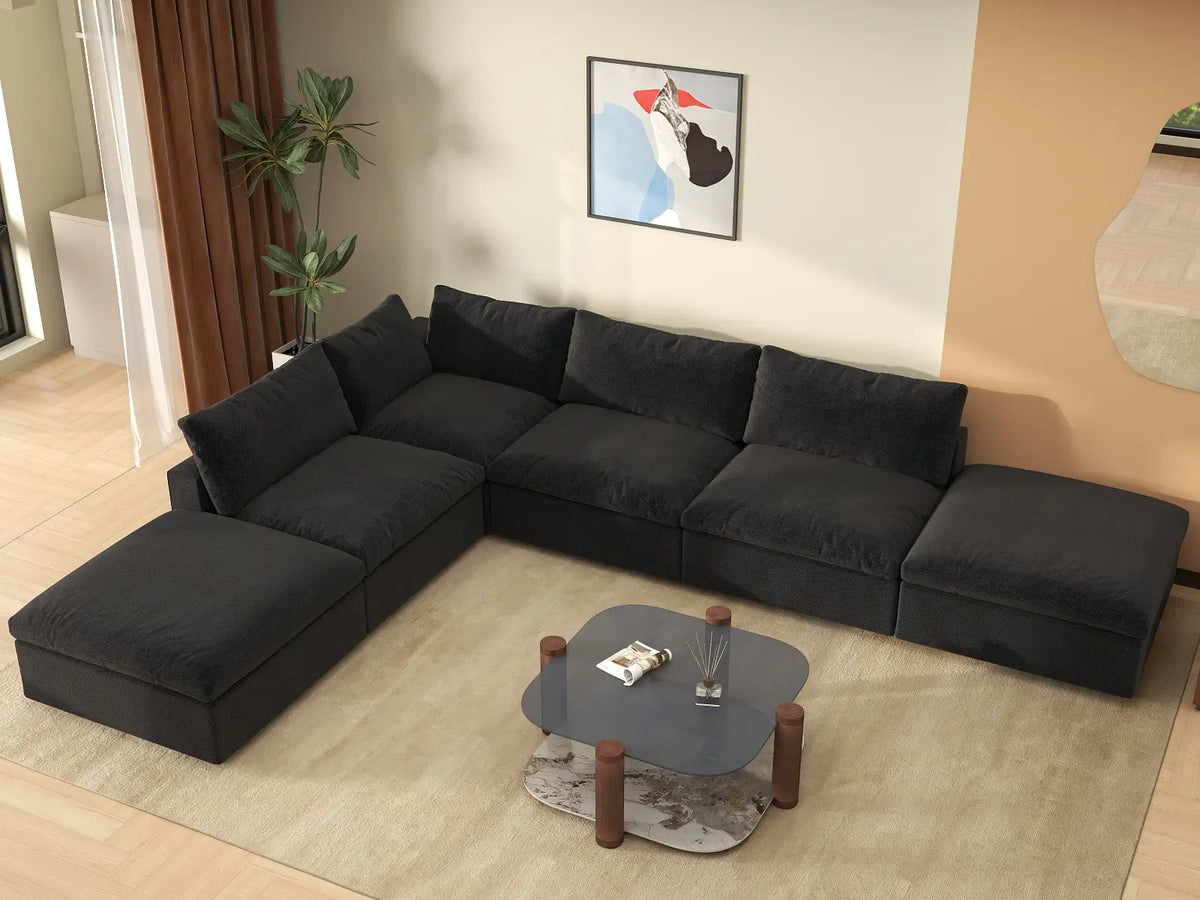 WJS Home 6 Piece Black Cotton and Linen L Shaped Sectionals 4 Seater_8