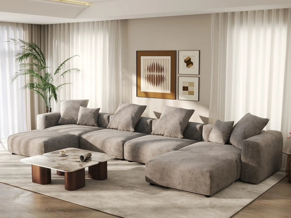 WJS Home 6 Piece Brown Corduroy U Shaped Sectionals 4 Seater_1