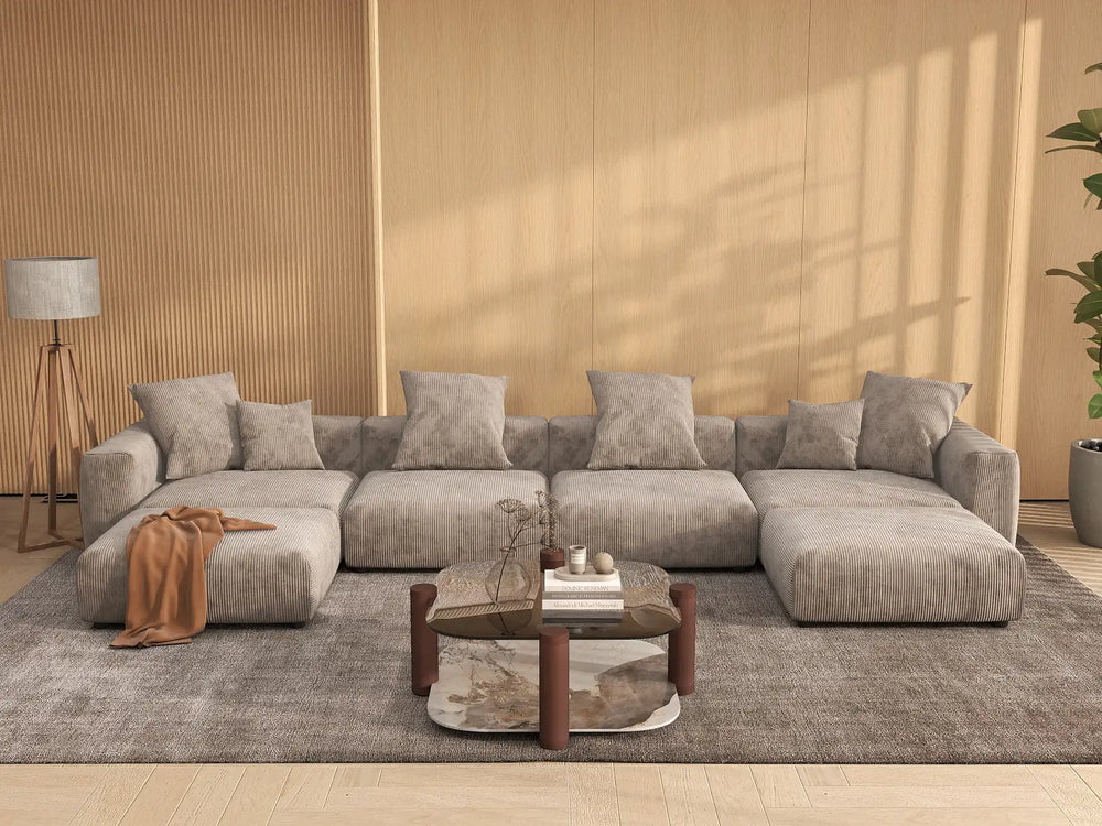 WJS Home 6 Piece Brown Corduroy U Shaped Sectionals 4 Seater_6