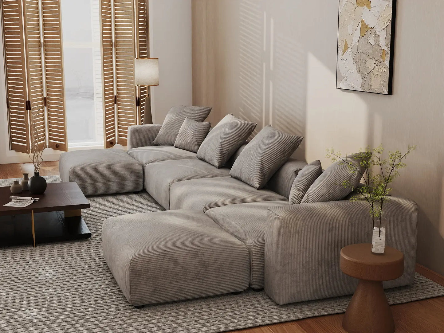 WJS Home 6 Piece Brown Corduroy U Shaped Sectionals 4 Seater_7