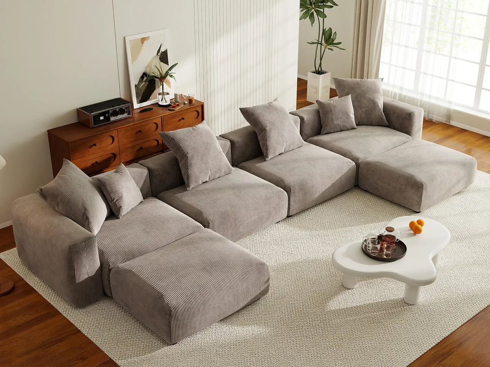 WJS Home 6 Piece Brown Corduroy U Shaped Sectionals 4 Seater_8
