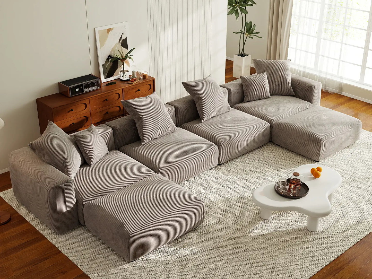 WJS Home 6 Piece Brown Corduroy U Shaped Sectionals 4 Seater_8