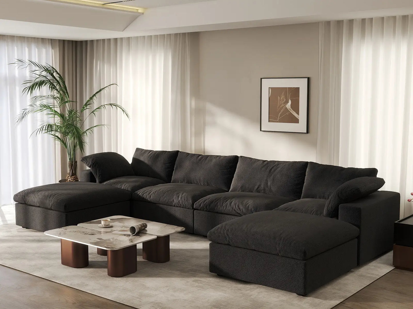 WJS Home 6 Piece Cotton and Linen Black U shaped Sectionals 160 Storage Ottoman 4 Seater_1