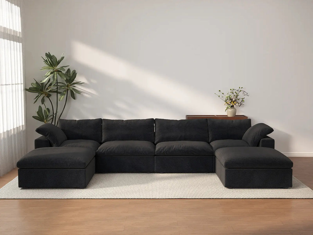 WJS Home 6 Piece Cotton and Linen Black U shaped Sectionals 160 Storage Ottoman 4 Seater_2