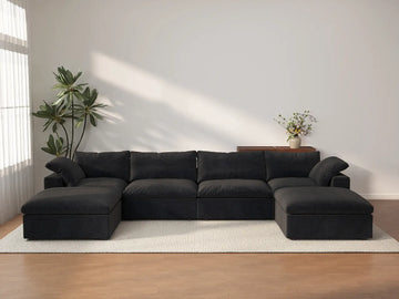 Sofá seccional en forma de U Deluxe Cloud de 4 plazas, color negro, con almacenamiento | Juego de 6 piezas (incluye 2 otomanas), tejido de algodón y lino, fundas lavables