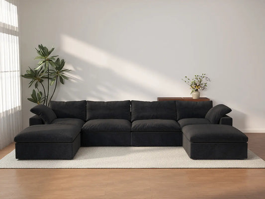 Deluxe Premium Cloud Sectional Sofas | 6-Piece Cotton and Linen Black U-shaped Sectionals 160" Storage Ottoman 4-seater