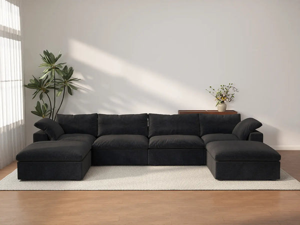 Deluxe Premium Cloud Sectional Sofas | 6-Piece Cotton and Linen Black U-shaped Sectionals 160" Storage Ottoman 4-Seater