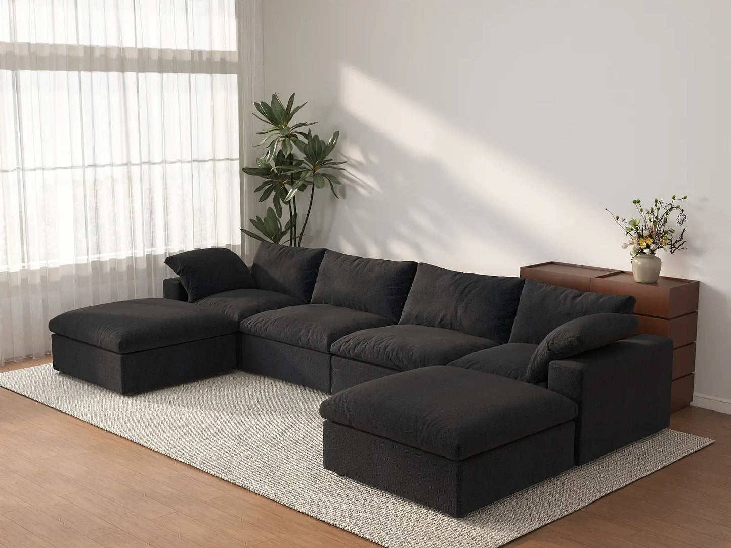 WJS Home 6 Piece Cotton and Linen Black U shaped Sectionals 160 Storage Ottoman 4 Seater_3