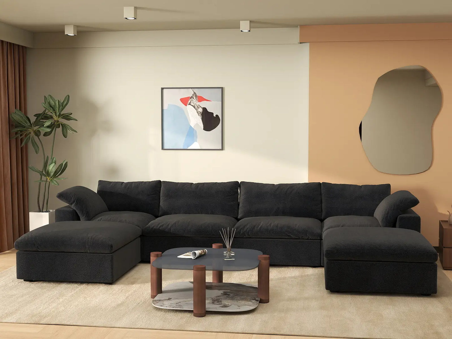 WJS Home 6 Piece Cotton and Linen Black U shaped Sectionals 160 Storage Ottoman 4 Seater_6