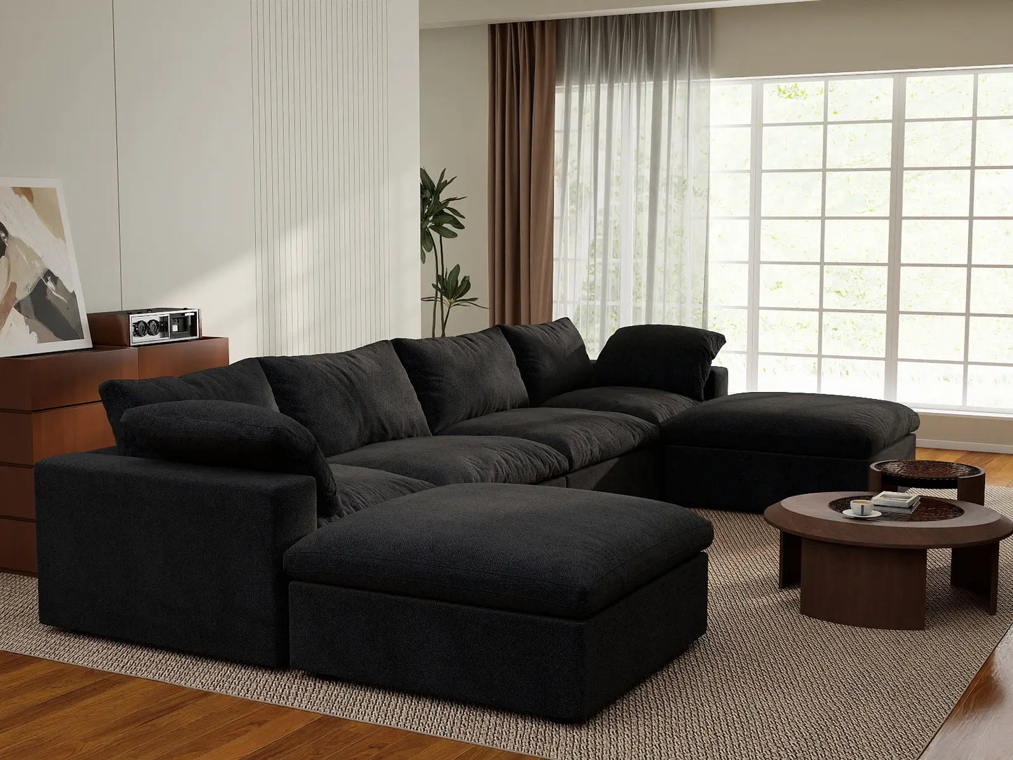 WJS Home 6 Piece Cotton and Linen Black U shaped Sectionals 160 Storage Ottoman 4 Seater_7