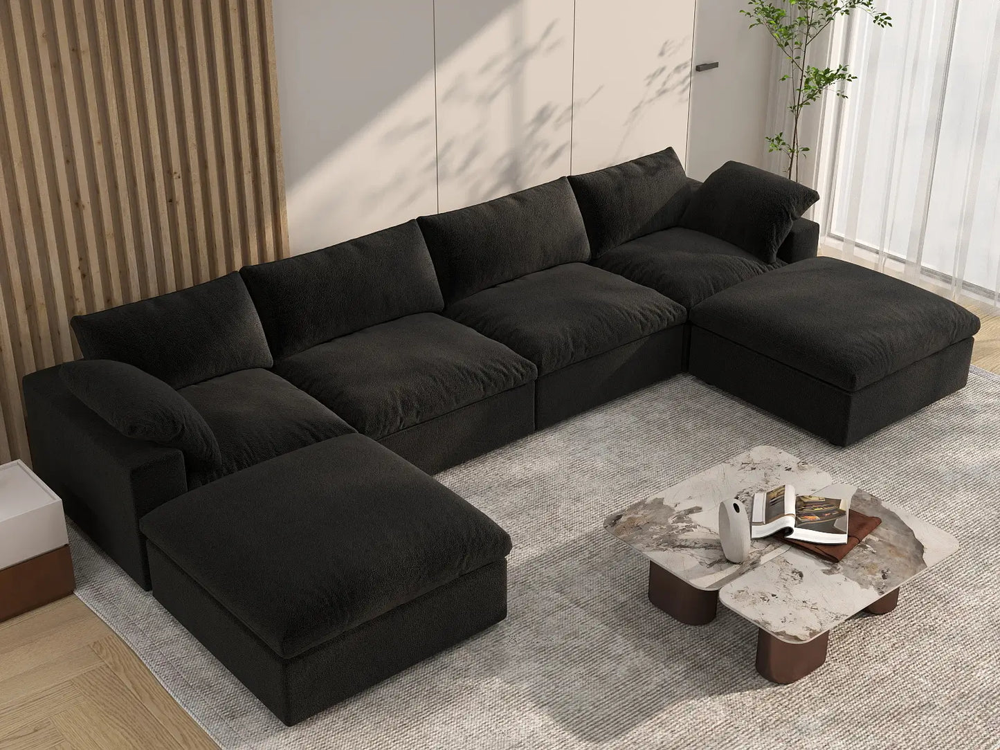 WJS Home 6 Piece Cotton and Linen Black U shaped Sectionals 160 Storage Ottoman 4 Seater_8