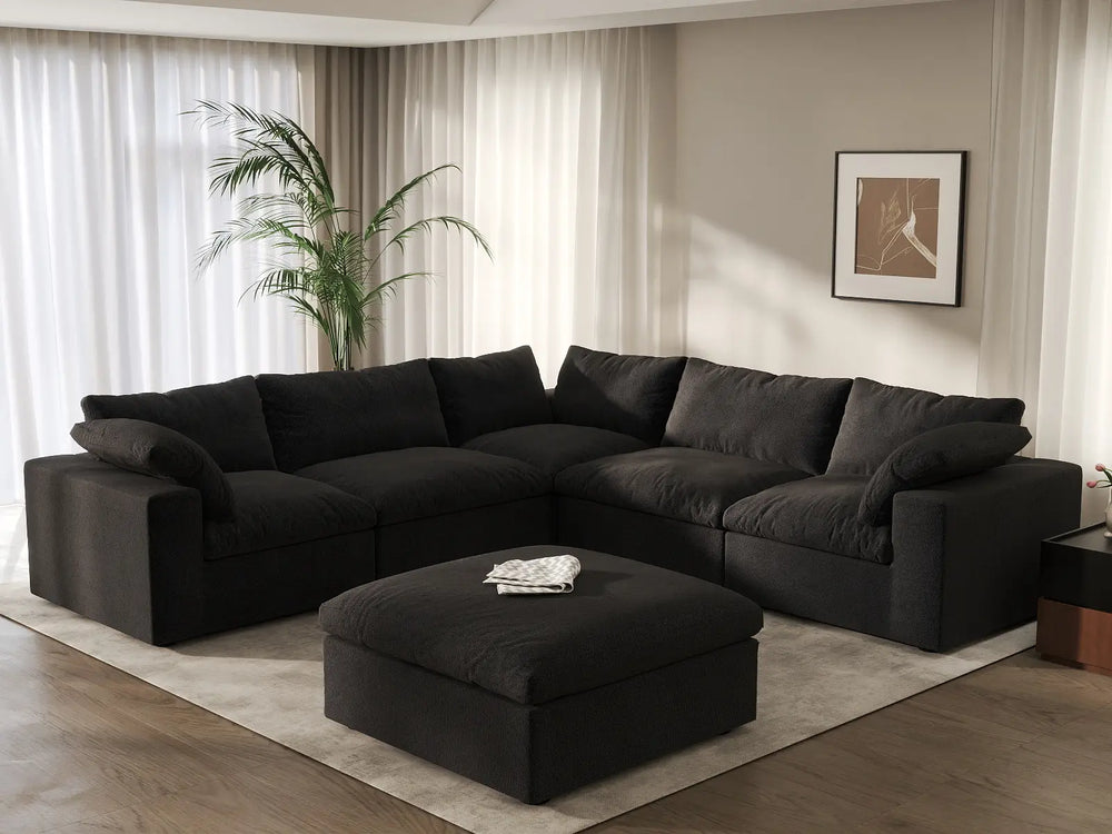 WJS Home 6 Piece Cotton and Linen Black V shaped Sectionals 160 Storage Ottoman 5 Seater_1