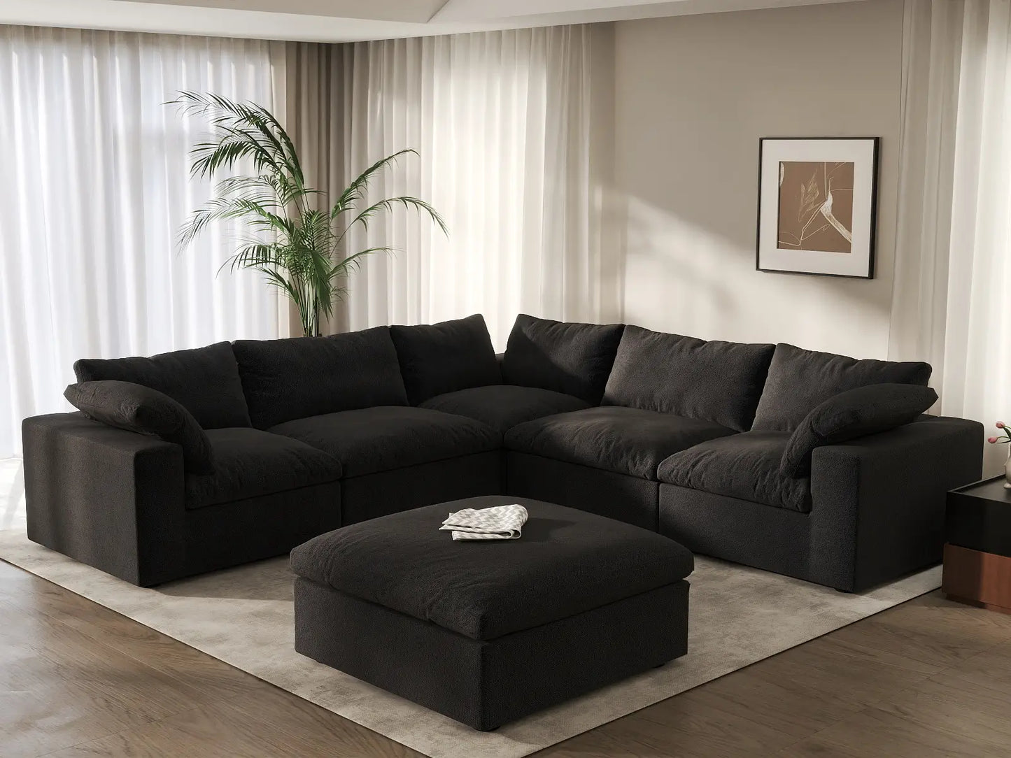 WJS Home 6 Piece Cotton and Linen Black V shaped Sectionals 160 Storage Ottoman 5 Seater_1