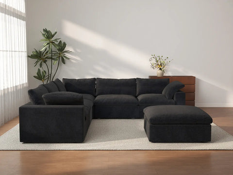 Deluxe Cloud 5-Seater Black Storage Sofa Set | 6-Piece (includes 1 Ottoman), Cotton and Linen Fabric, Washable Covers