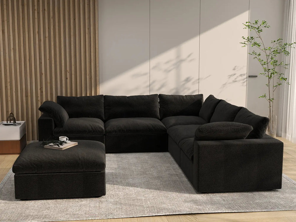 WJS Home 6 Piece Cotton and Linen Black V shaped Sectionals 160 Storage Ottoman 5 Seater_6