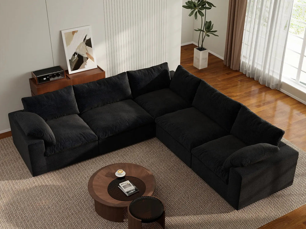 WJS Home 6 Piece Cotton and Linen Black V shaped Sectionals 160 Storage Ottoman 5 Seater_8
