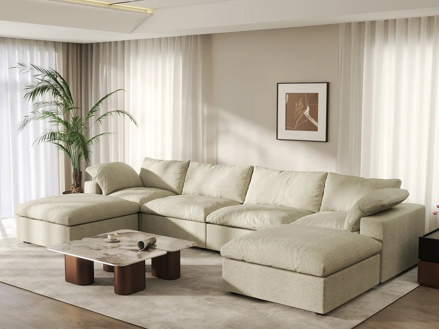 WJS Home 6 Piece Cotton and Linen Khaki U shaped Sectionals 160 Cloud Like Comfort 4 Seater_1